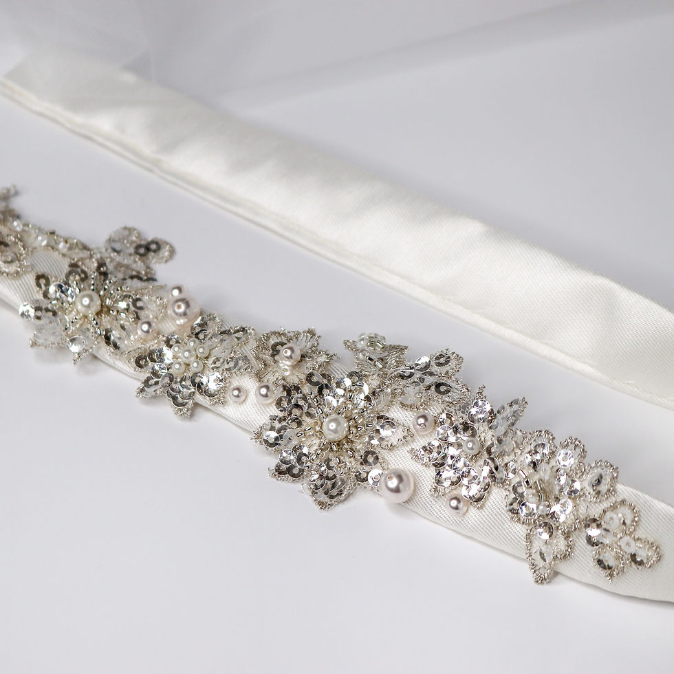 Thumbnail: Ivory satin bridal belt embellished with lace, ivory pearls, clear crystals and silver sequins