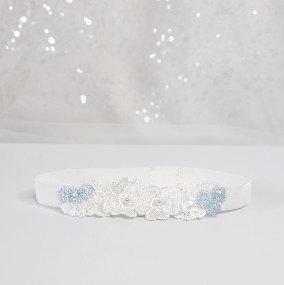 Thumbnail: Bridal garter with ivory and blue lace flowers, finished with crystals and pearls