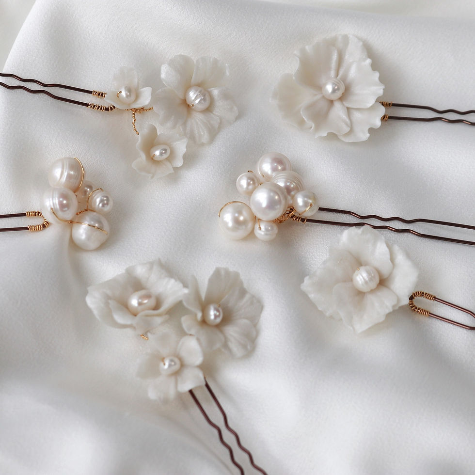 Set of 6 bridal hair pins embellished with ivory clay flowers and freshwater pearls