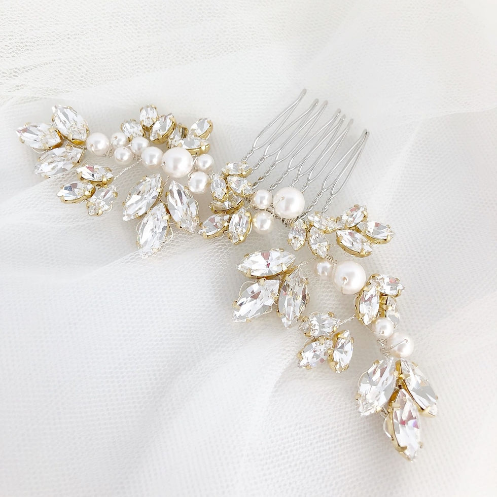 Thumbnail: Silver bridal comb embellished with gold diamante navettes and ivory pearls