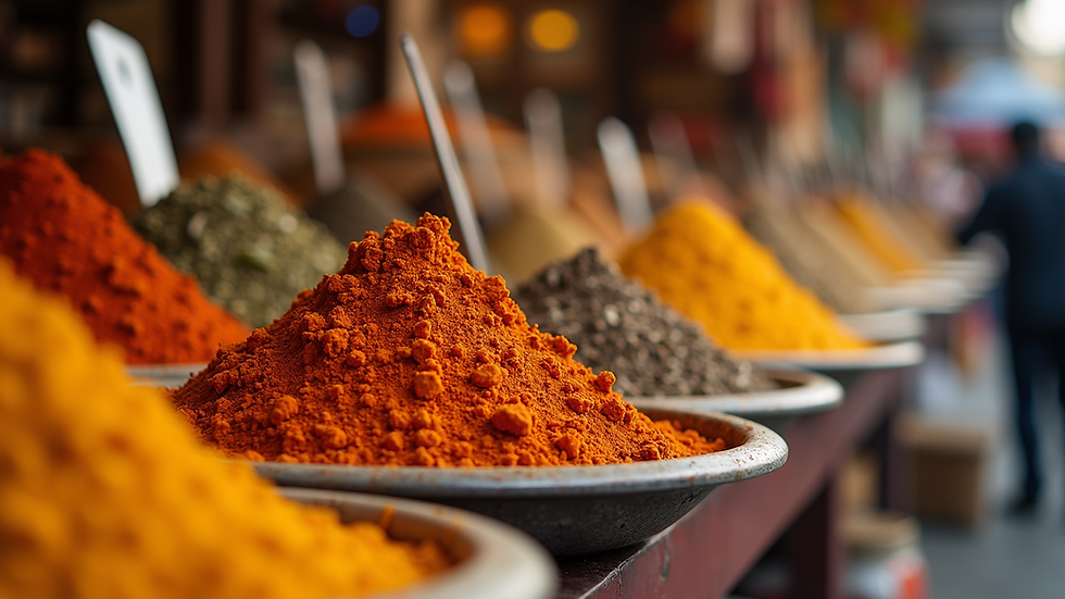 Eye-level view of a spice market stall with colorful organic spices