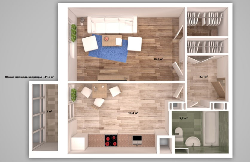 Миниатюра: 1-комн.квартира 41.9 кв.м. ЖК Мичуринский