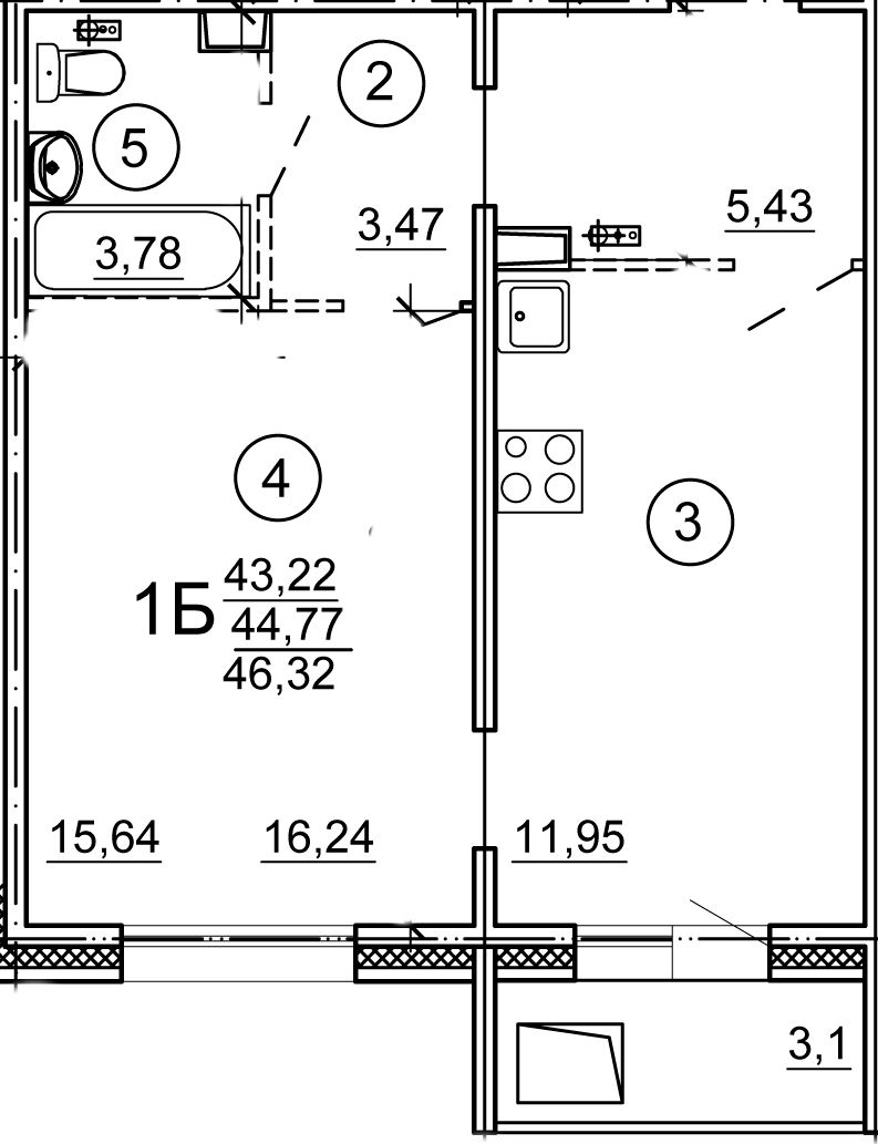 Миниатюра: 1-ком.кв.46,32кв.м.ЖКВолга лайф д.57