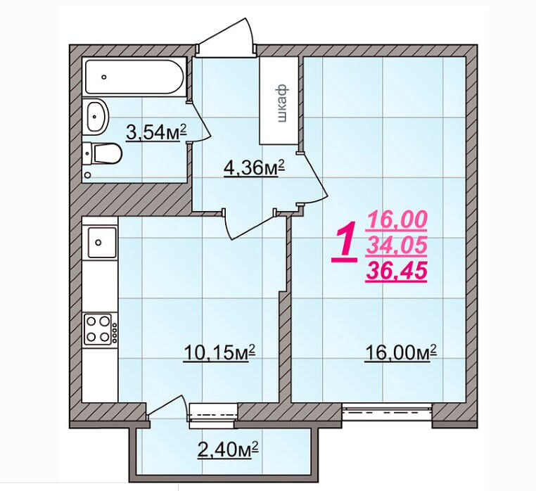 Миниатюра: 1-ком.кв.36,45 кв.м.ЖК Новый город 9