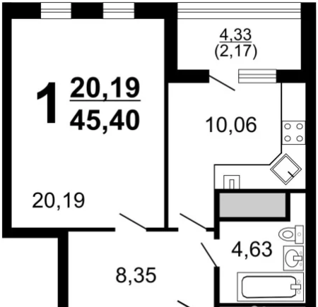 Миниатюра: 1-ком.кв.45,4кв.м. ЖК Атлант