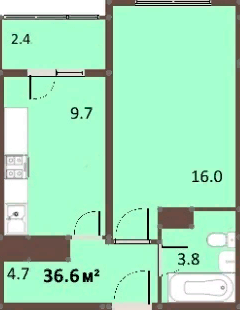 Миниатюра: 1-ком.кв. 36,6кв.м.ЖК Янтарный город