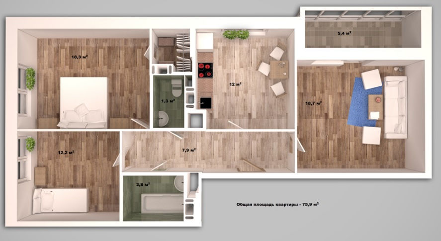 Миниатюра: 3-комн.квартиры, 75.9 кв.м. ЖК Мичуринский