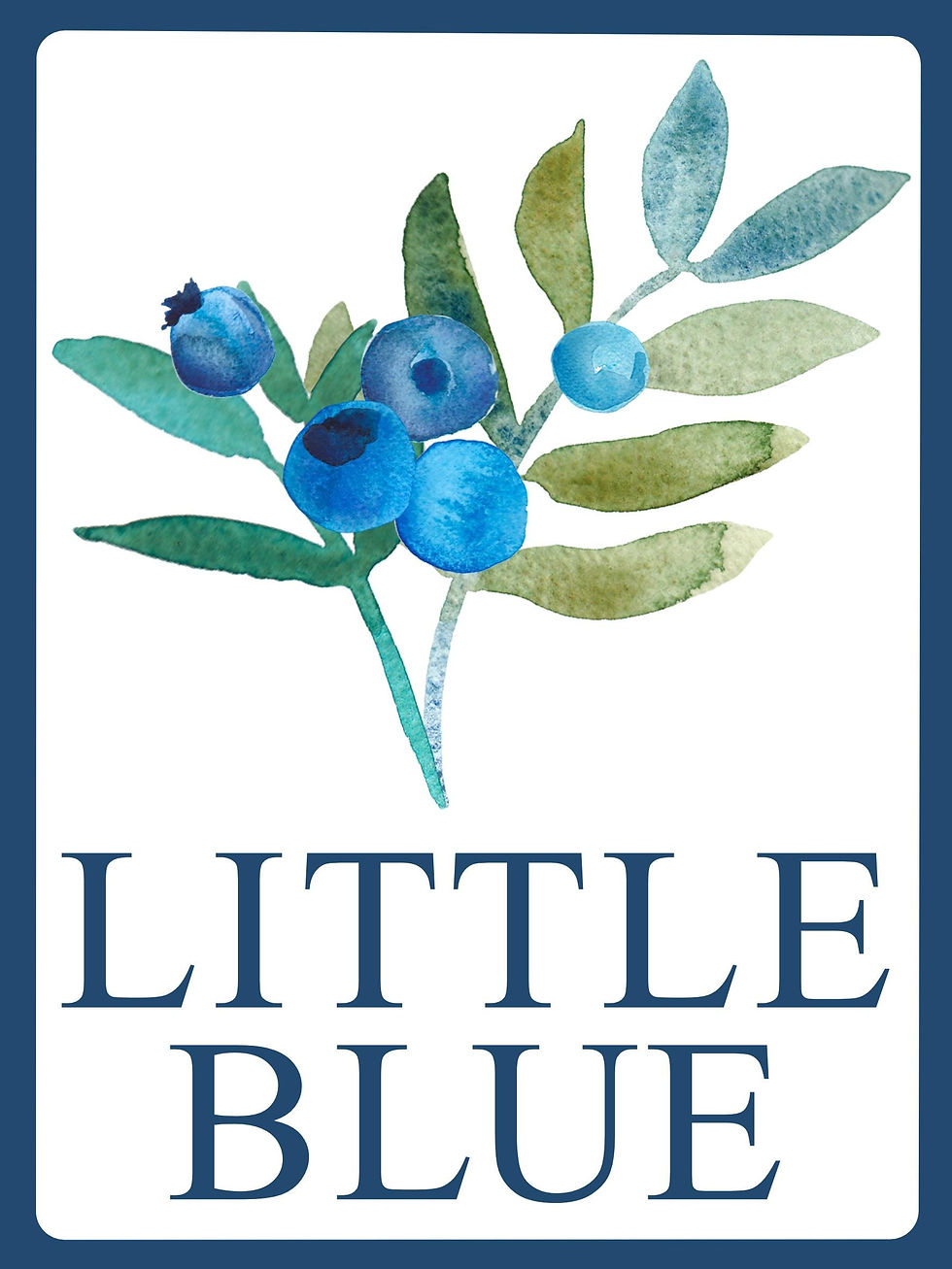 Little Blue logo, simple line art of a small blue house with text, square format.