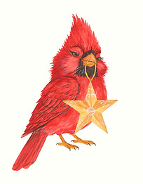 Red cardinal holding a gold star ornament in its beak, illustration by Fatima Khambati.