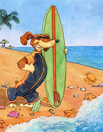 Playful dog in sunglasses holding a green surfboard on a sandy beach, illustration by Steven Vanderbosch.