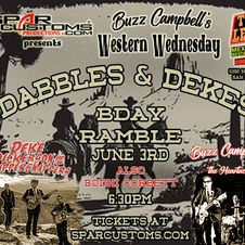 Birthday party
Honky Tonk
Western
Rockabilly
Deke Dickerson
Whippersnappers
Buzz Campbell
Tio leos
San Diego
Classic Cars
Live Music
Western Billy Wednesday