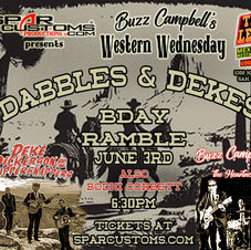Birthday party
Honky Tonk
Western
Rockabilly
Deke Dickerson
Whippersnappers
Buzz Campbell
Tio leos
San Diego
Classic Cars
Live Music
Western Billy Wednesday