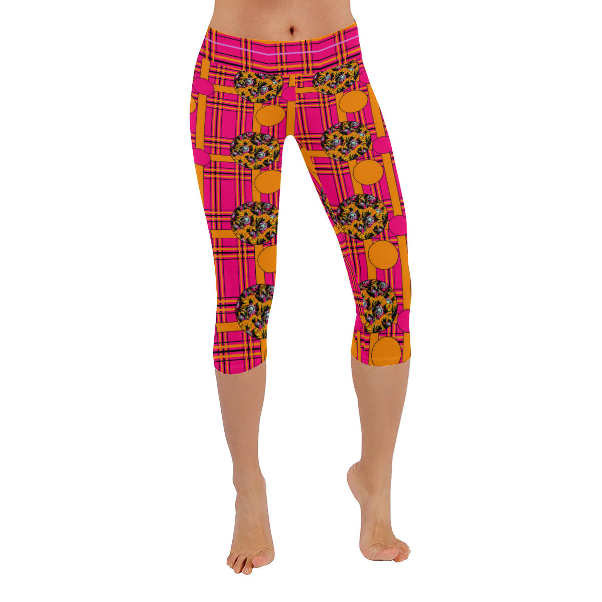 Tartan & Poppies - Orange & Pink - Pattern - Leggings 3/4