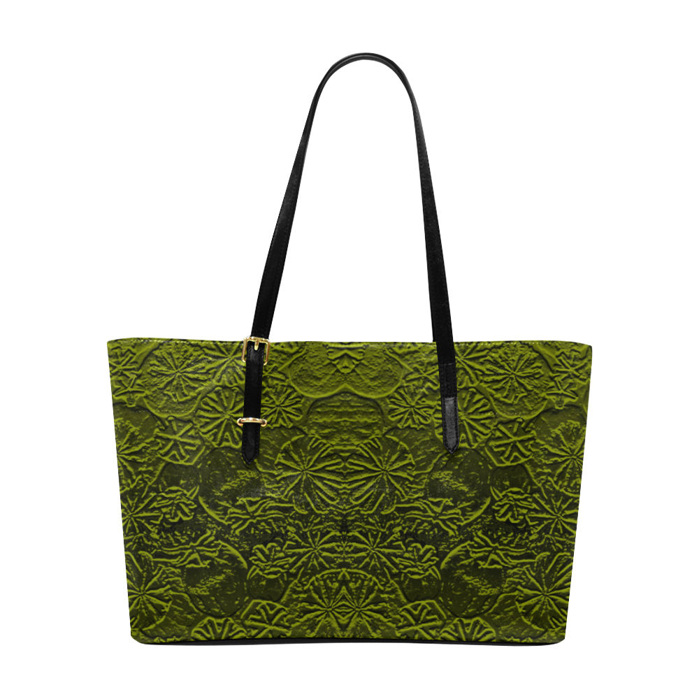 Embossed Poppies Olive Green - Large Tote Bag