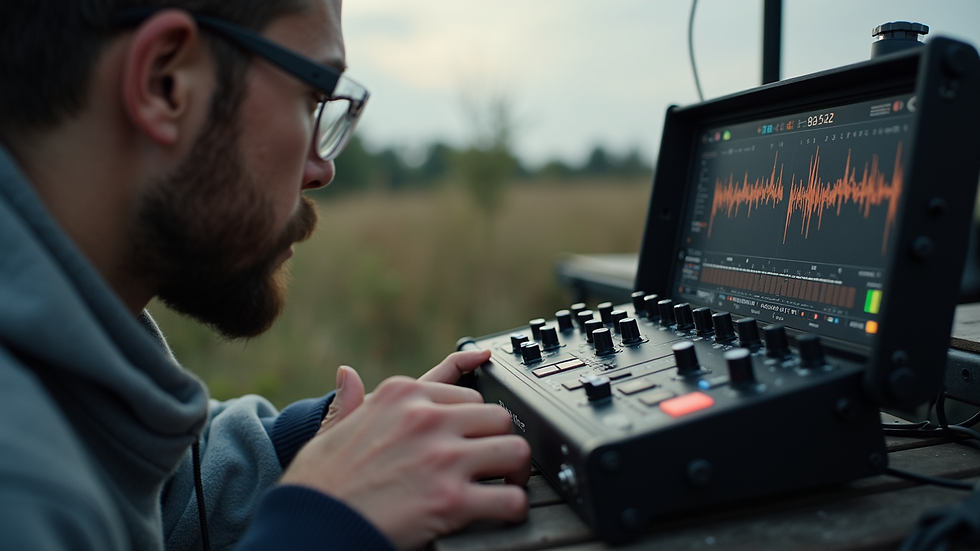 Eye-level view of a sound recordist monitoring audio levels on a portable mixer during an outdoor shoot