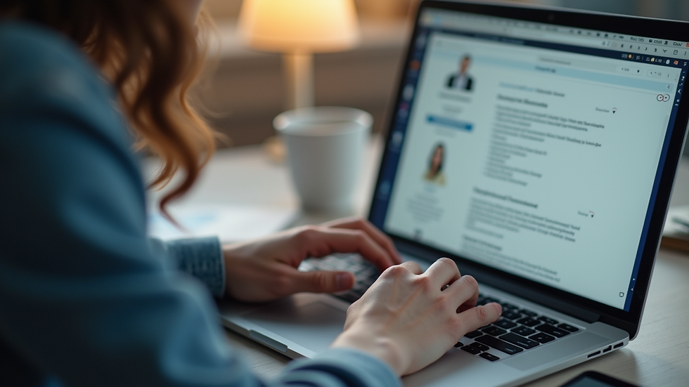 Eye-level view of a professional typing on a laptop with a resume on screen