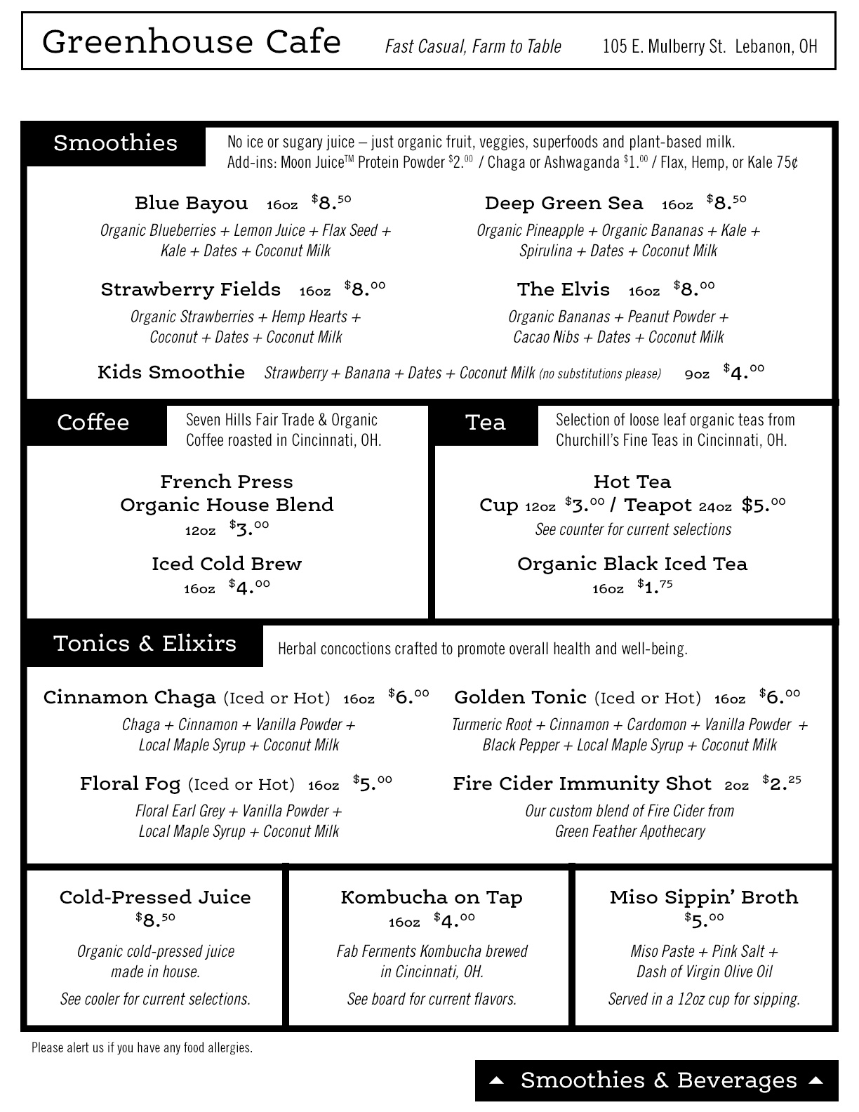 MENU Greenhouse Cafe