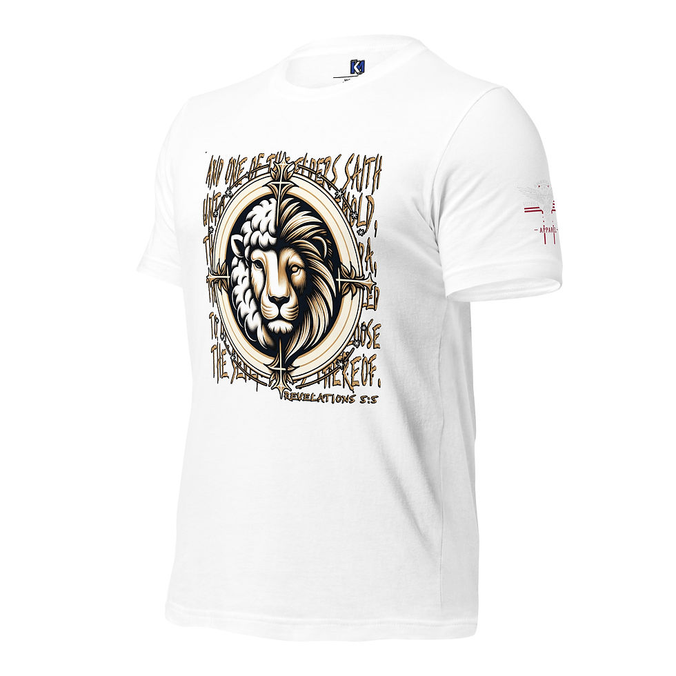 Thumbnail: Lion and sheep graphic on Christian t-shirt, with Revelation 5:5 scripture, symbolizing Jesus' dual nature.