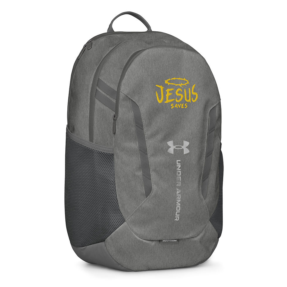 Thumbnail: Front-left angle: “Left-angle view of black backpack displaying golden faith message and mesh bottle pocket.”