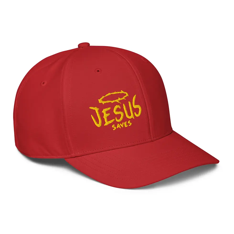 Thumbnail: Front view of red Adidas cap with embroidered Jesus Saves message