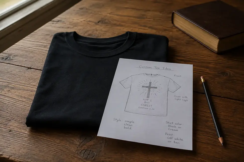 faith-based custom T-shirt idea sketch resting on a folded blank shirt on a rustic wood table