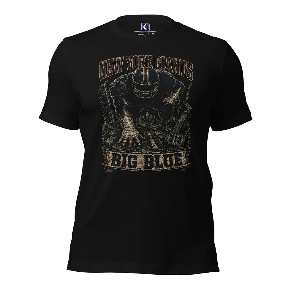 Black New York Giants Big Blue football fan tee shown on model front view.