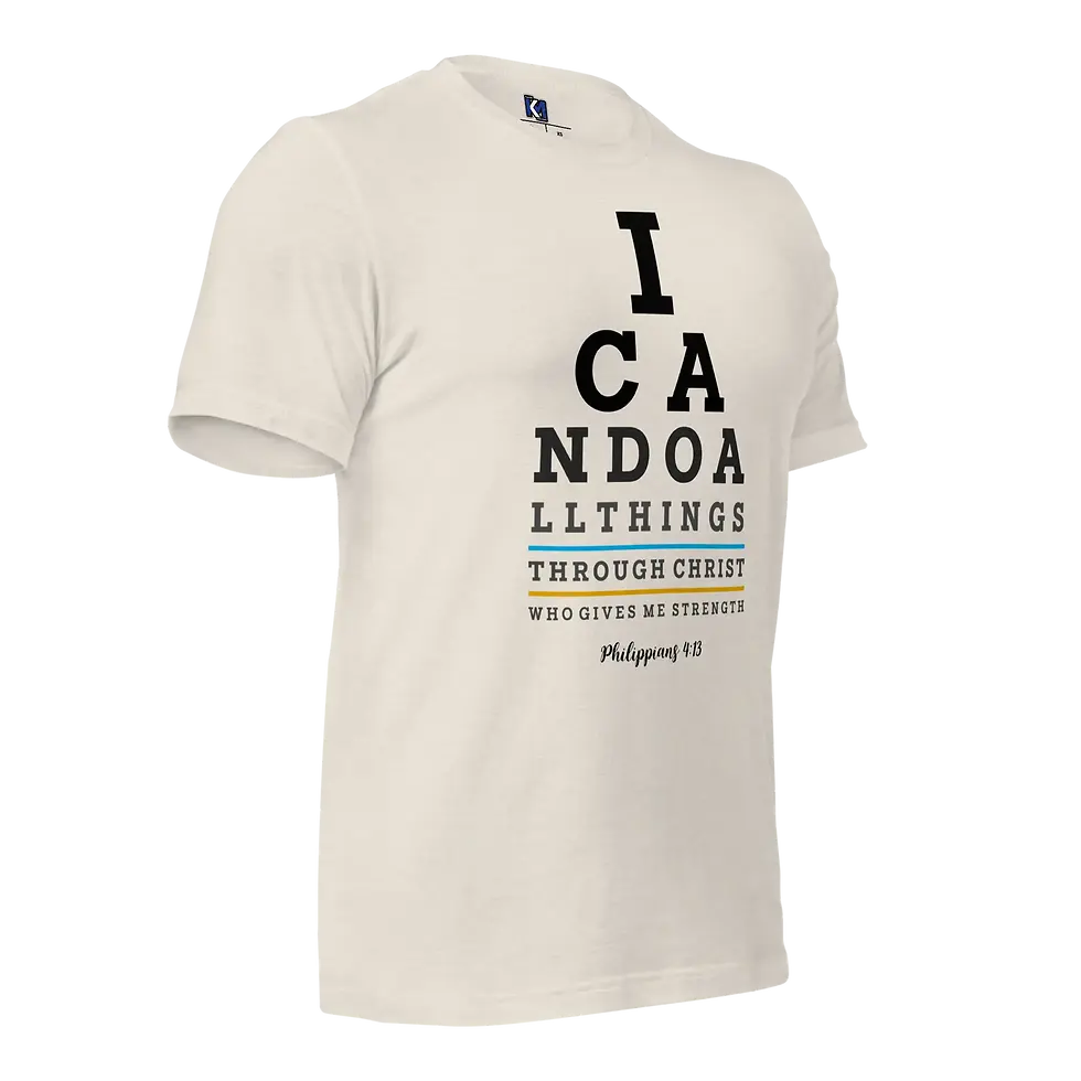 Left angle view of Heather Dust Philippians 4:13 Christian T-shirt