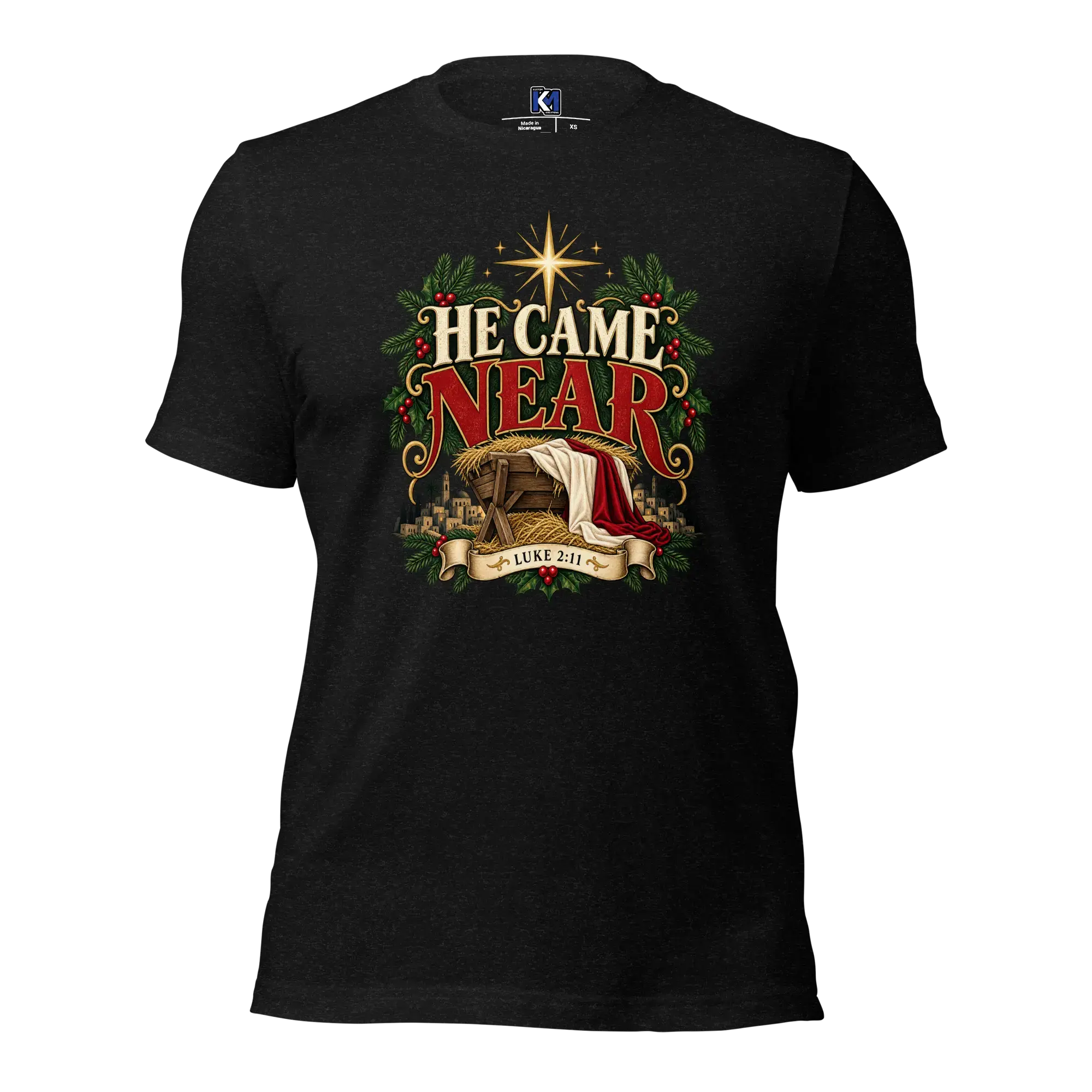 Front view of black heather He Came Near Christian Christmas T-shirt with red and gold Nativity graphic