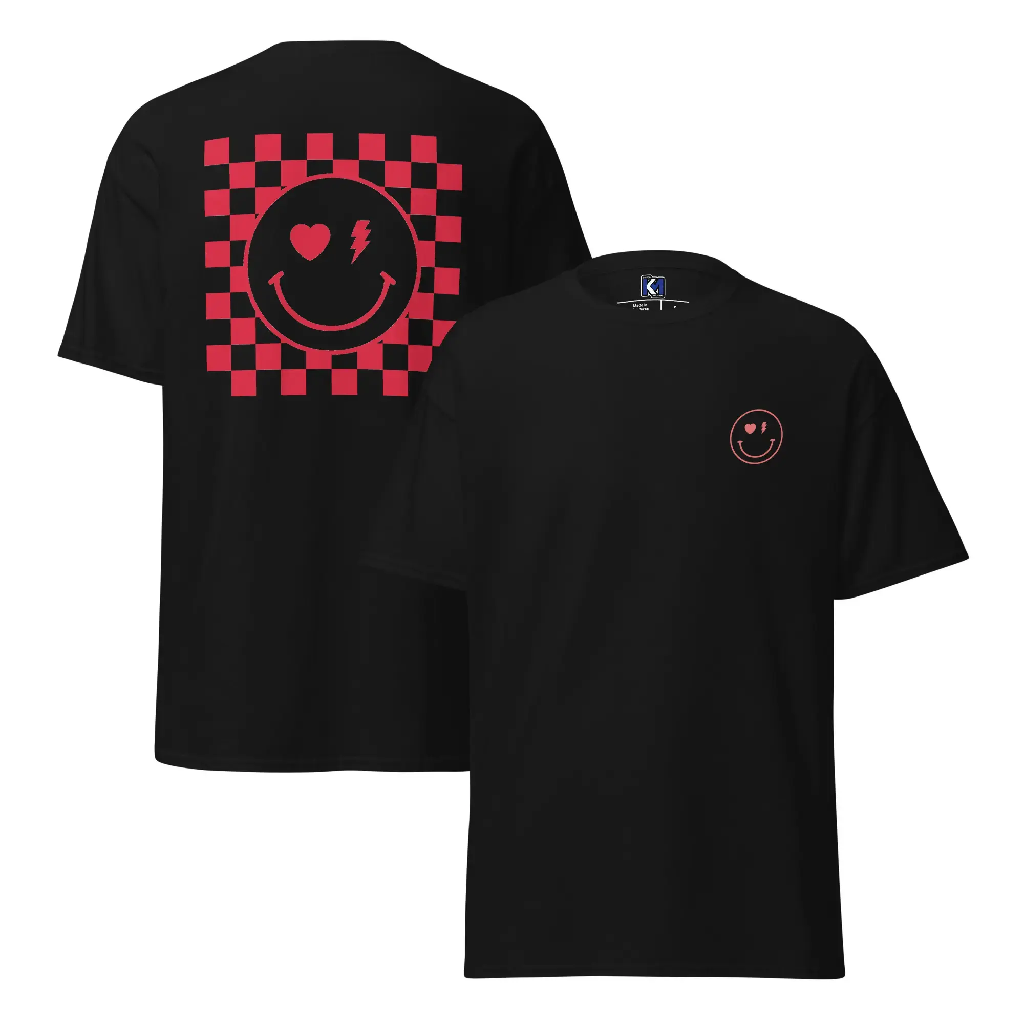 checkered smiley face graphic tee by K&M Kustom Kreations front and back