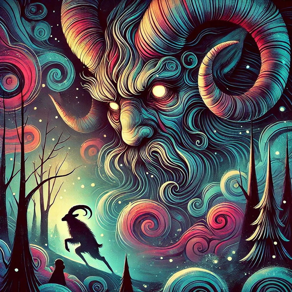 An illustration blending vibrant colors and dark, moody tones shows Krampus with glowing eyes, ram-like horns, and a weathered face, partially obscured by swirling snow and shadowy trees. The scene balances eerie suspense with whimsical charm.