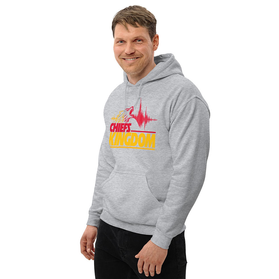 Thumbnail: Smiling man in a heather gray "Chiefs Kingdom" hoodie with a bold wolf and soundwave graphic in Kansas City team colors.