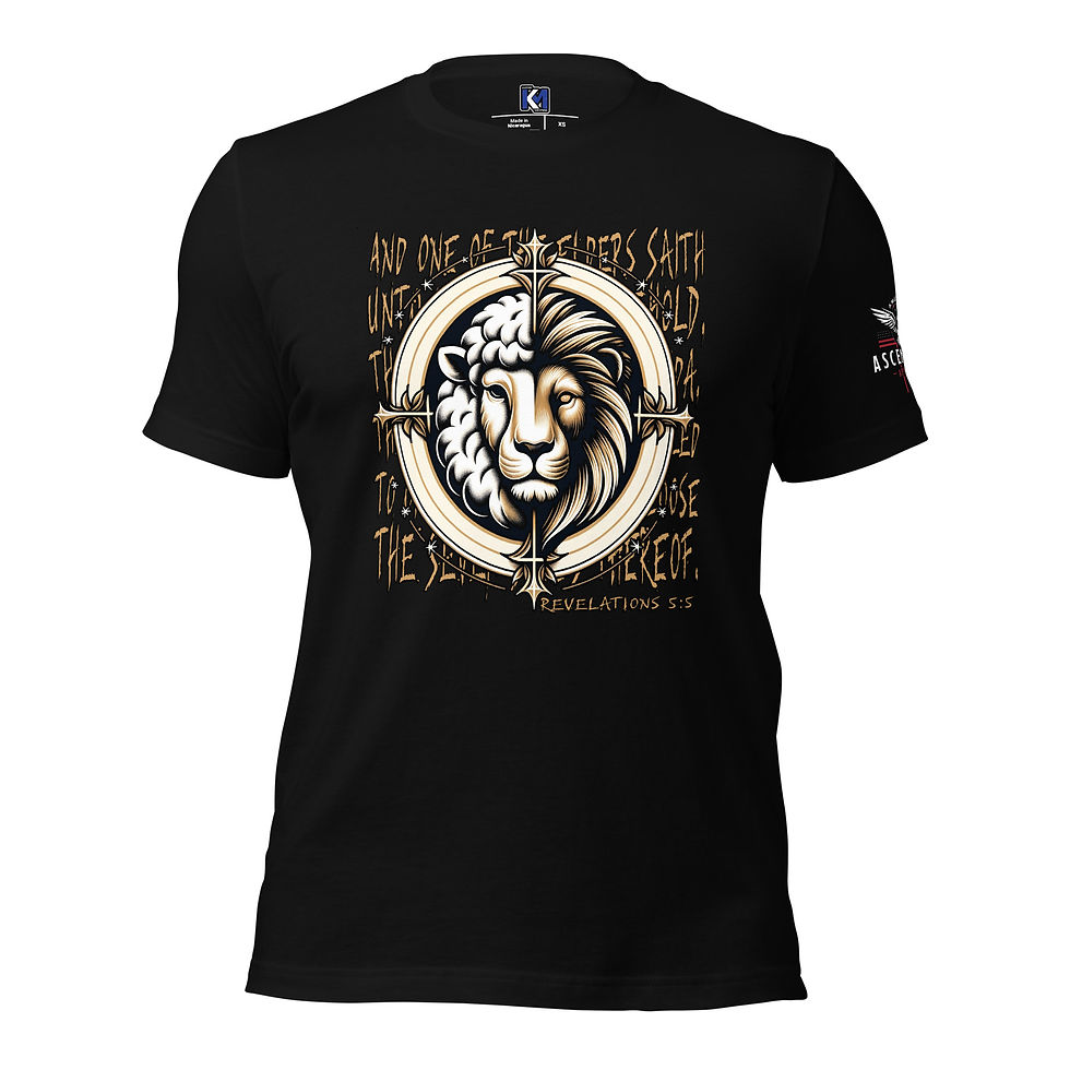 Lion and sheep graphic on Christian t-shirt, with Revelation 5:5 scripture, symbolizing Jesus' dual nature.