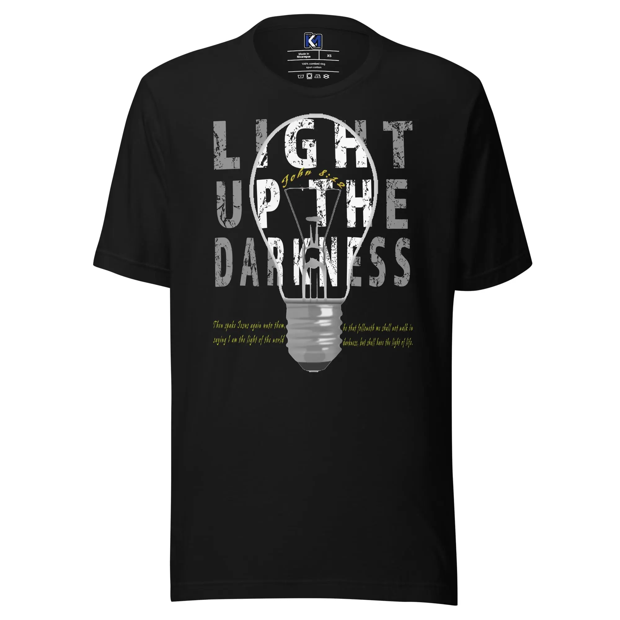 Black tee shirt with graphic design light up the darkness christian tee