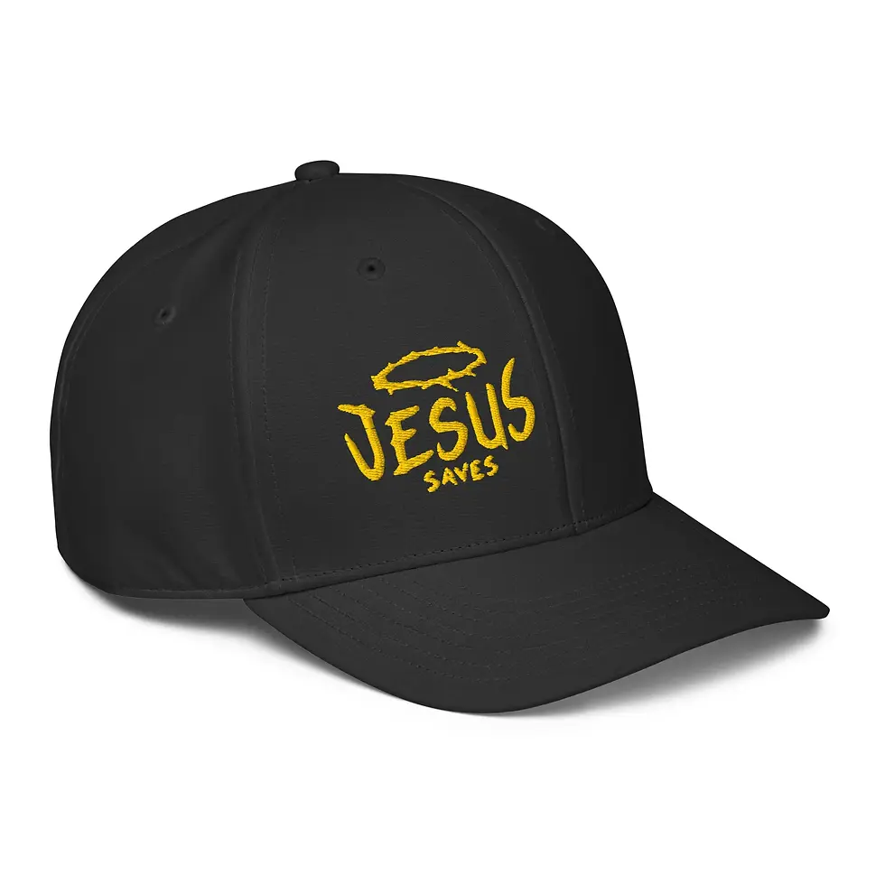 Left angled view of black Adidas cap with “Jesus Saves” and smiley embroidery