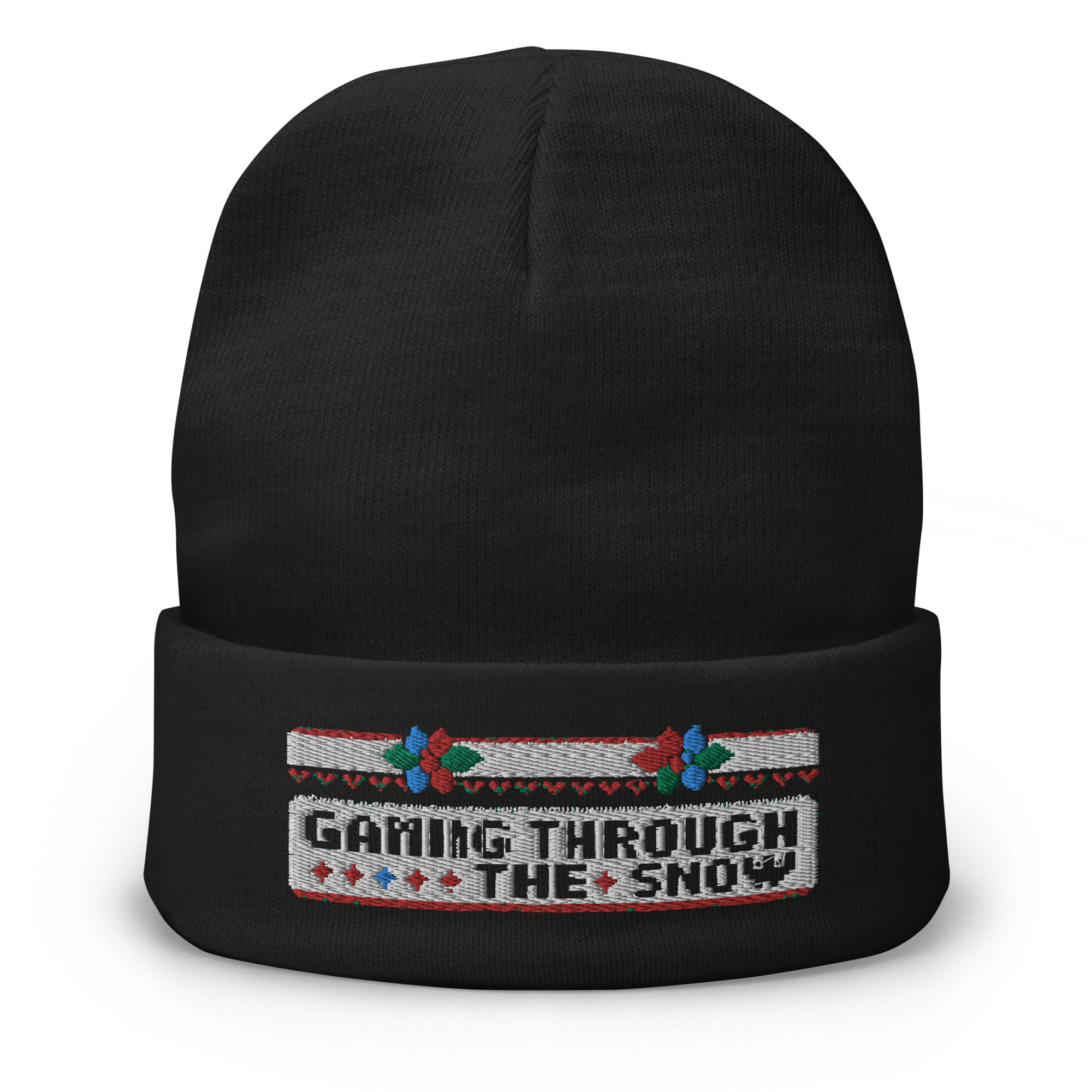 Embroidered retro gaming Christmas beanie with festive design.