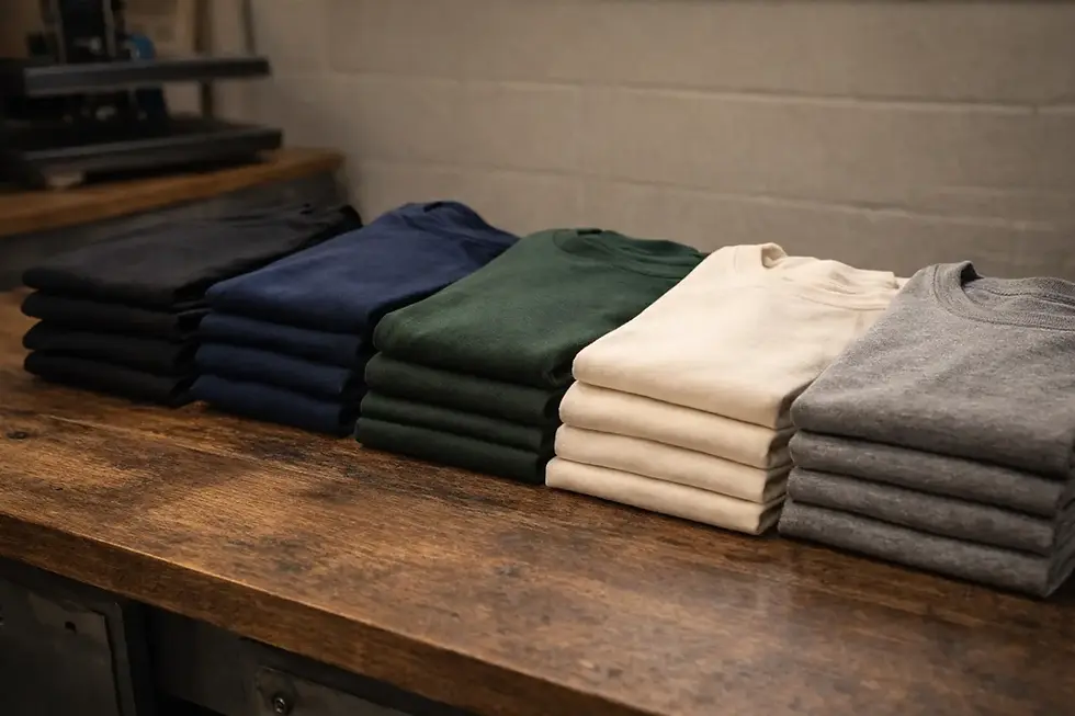 stacked blank t shirts in multiple colors ready for bulk custom printing