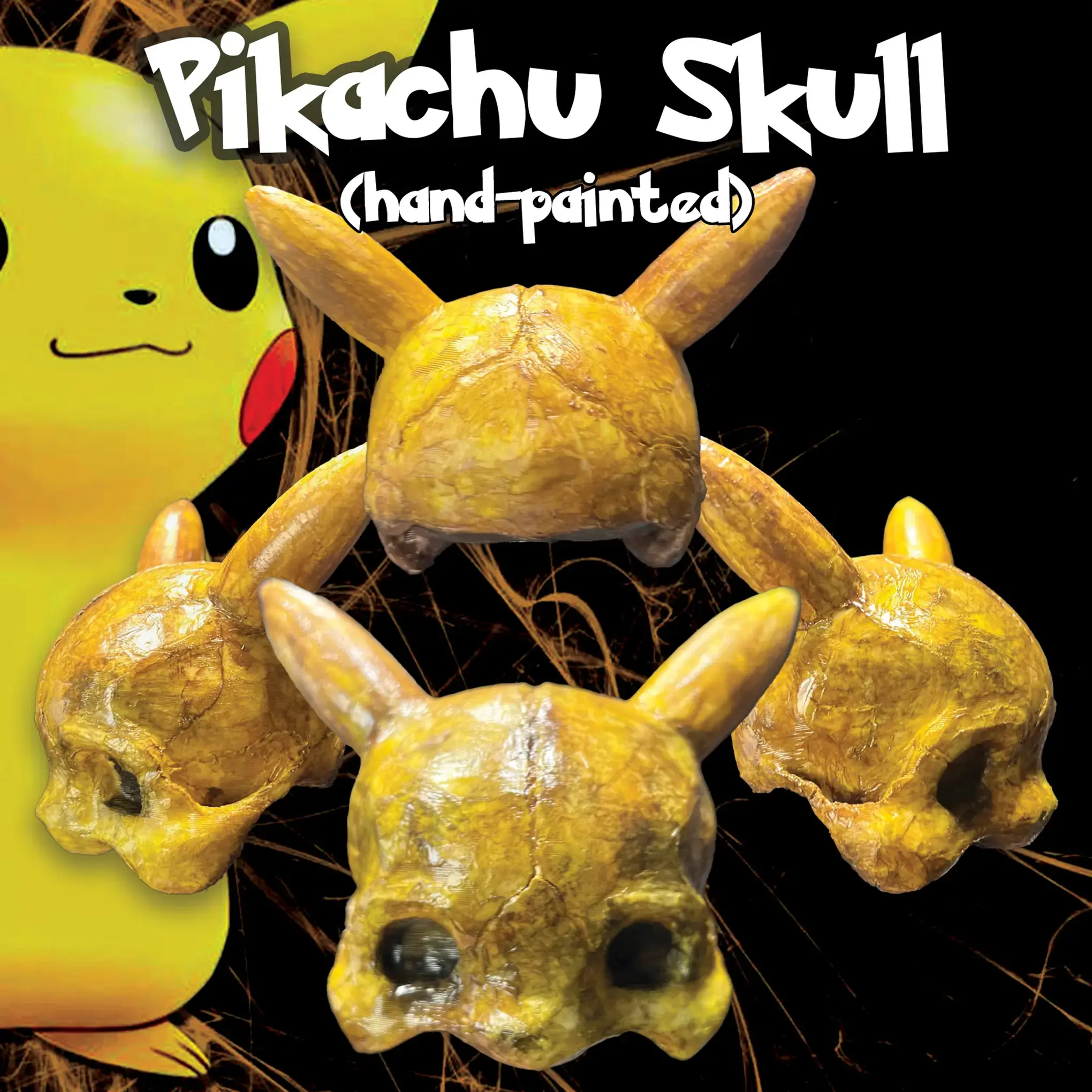 Hand-painted Pikachu skull sculpture featuring cracked bone-like texture and realistic yellow shading with upright ears.