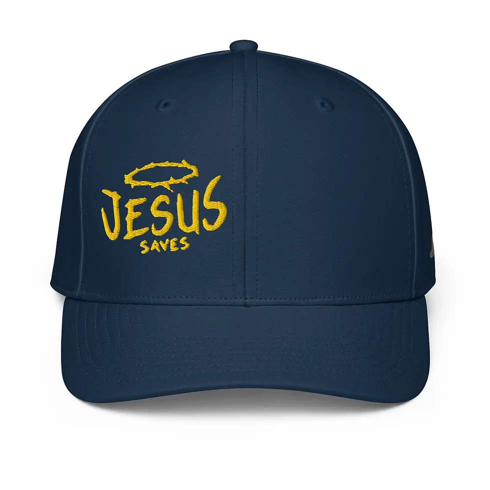 Thumbnail: Front view of black Adidas performance cap with bold yellow “Jesus Saves” embroidery and thorn crown