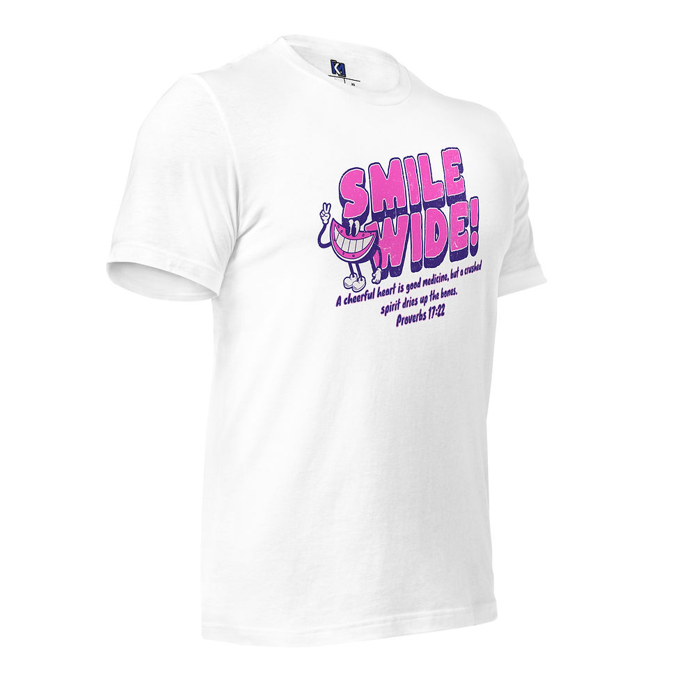 Thumbnail: Front view of 'Smile Wide' Proverbs 17:22 graphic tee with vibrant pink and purple design on black background