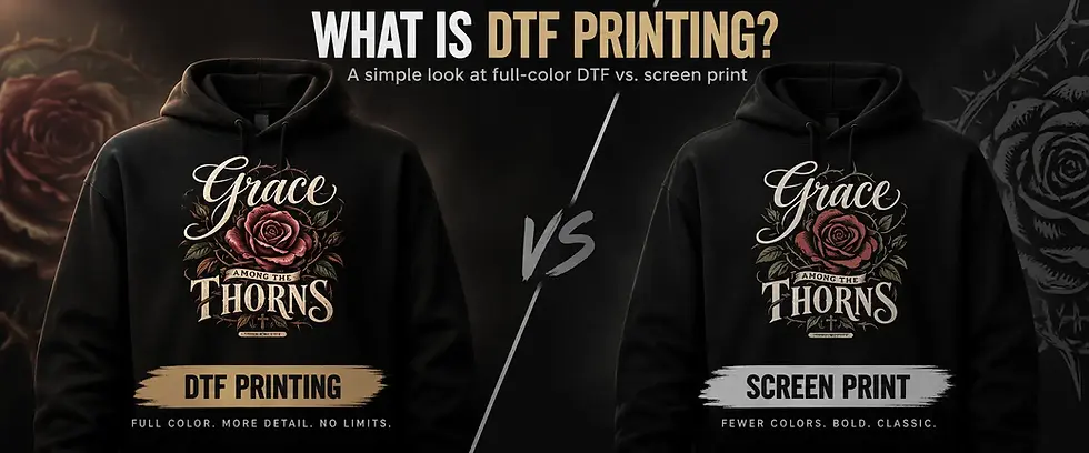Side-by-side comparison of DTF printing and screen printing on custom apparel showing a full-color DTF design and a simpler screen print version by K&M Kustom Kreations