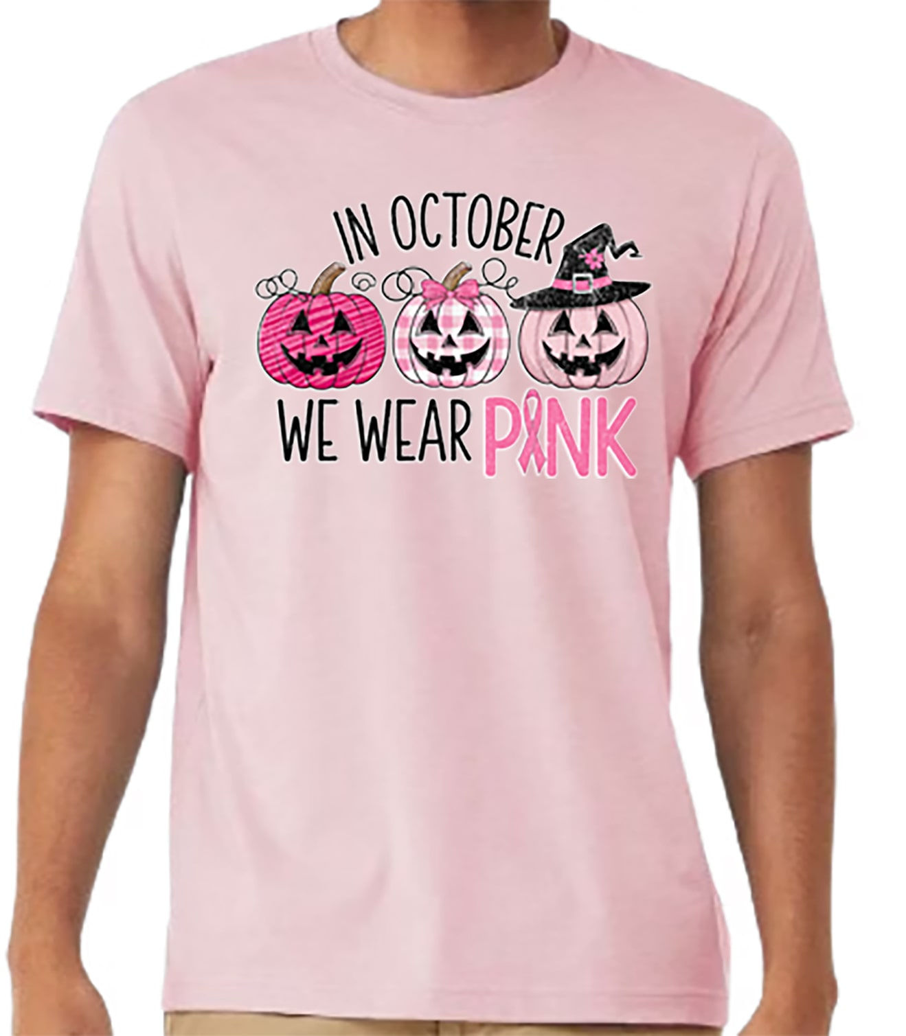 In October We Wear Pink Breast Cancer Awareness Halloween T-Shirt, front view