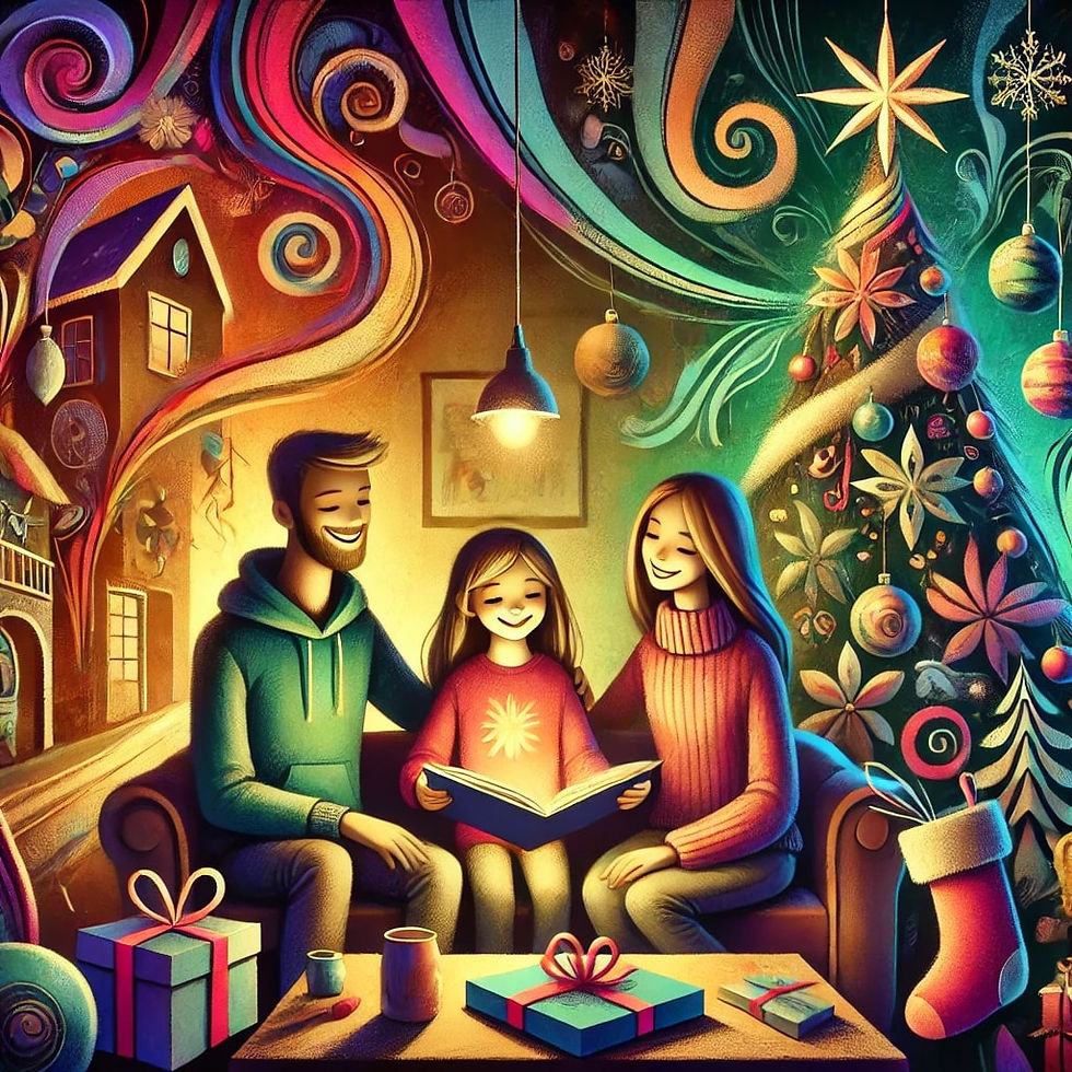 A vibrant and whimsical scene of a young girl sharing a handmade scrapbook with her smiling parents on Christmas morning. The cozy room is filled with warm light, a glowing Christmas tree, and colorful decorations.