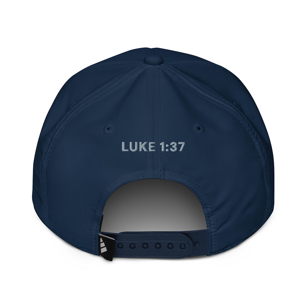 Thumbnail: Navy Adidas performance cap with Luke 1:37 verse embroidered on the back