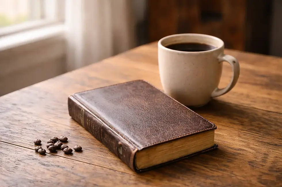 Coffee mug beside a Bible in natural light reflecting a faith-based coffee shop atmosphere in Joplin, MO