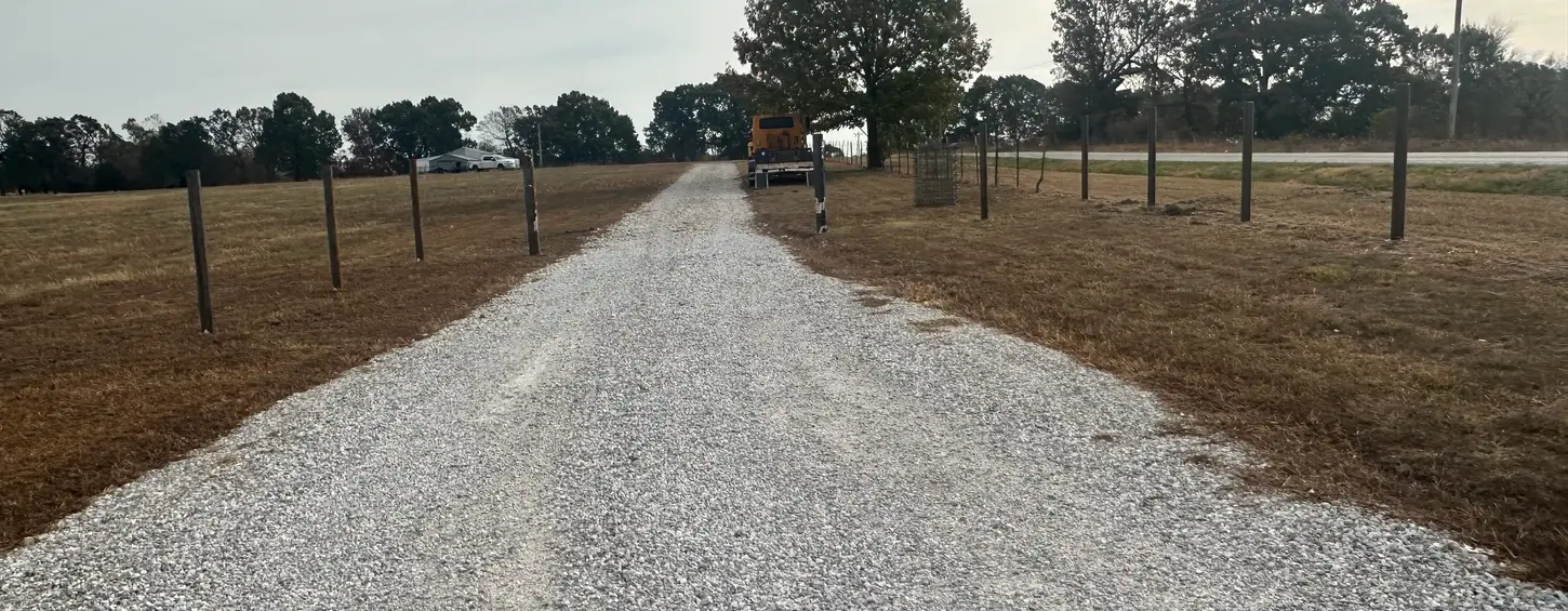 Long gravel driveway with fresh gravel near Joplin and Neosho Missouri.