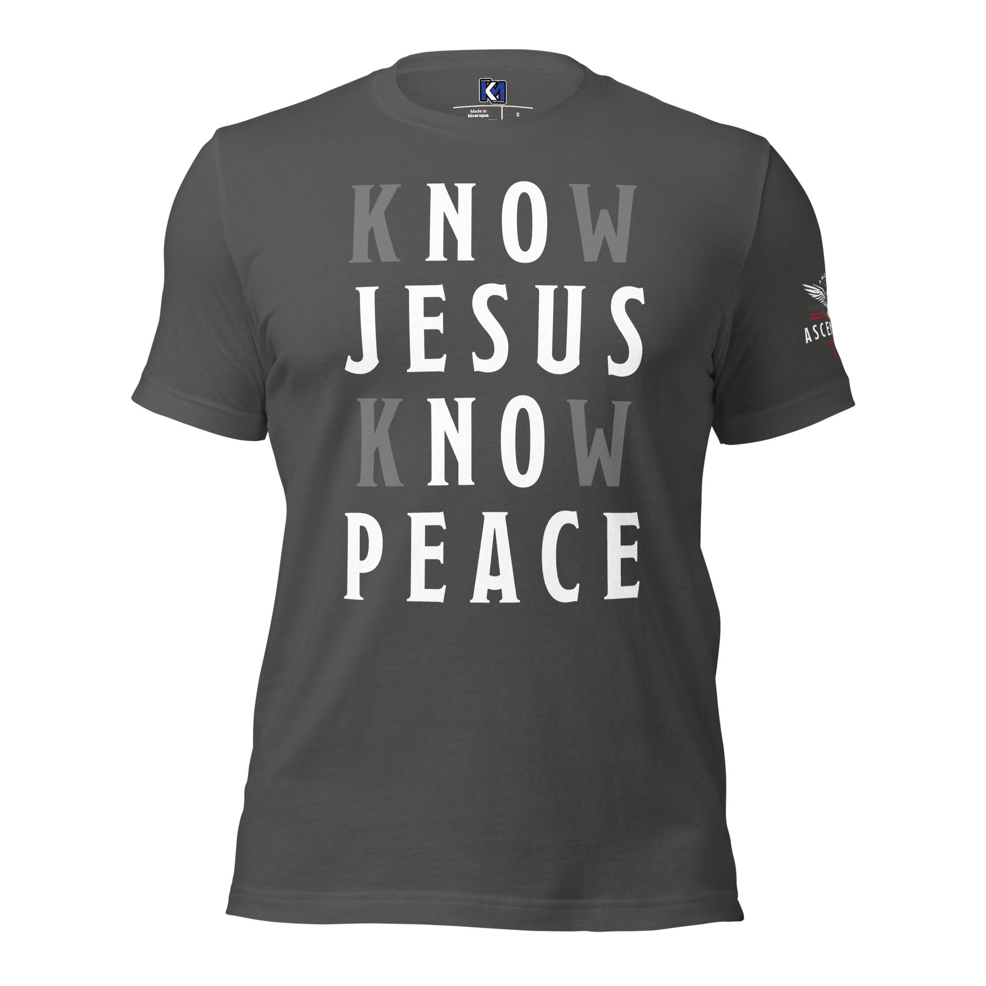 Black t-shirt with 'Know Jesus Know Peace' message in stark white typography, symbolizing Christian belief.