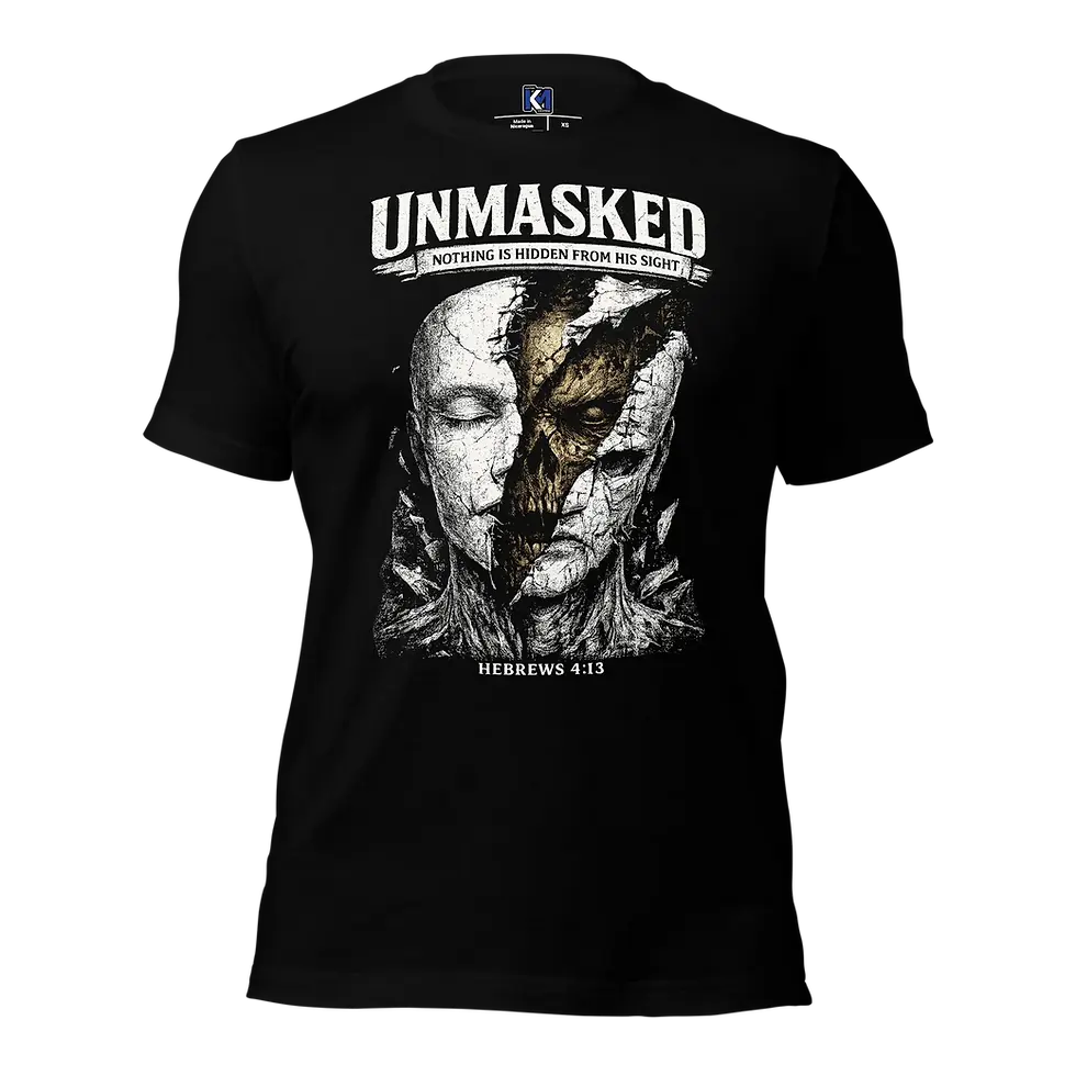 Black Unmasked Hebrews 4:13 Christian tee with cracked mask artwork front view.