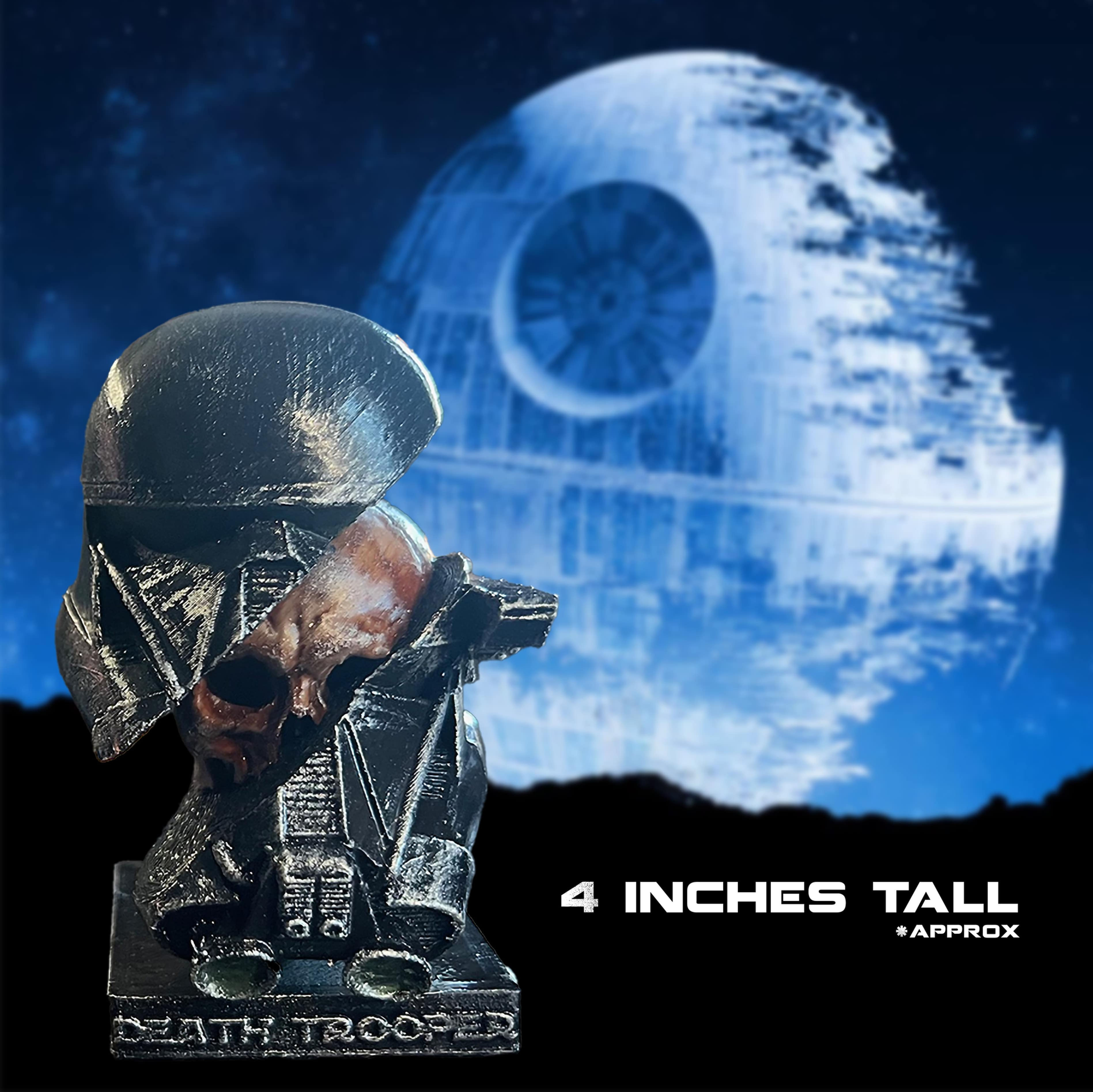 Hand-painted 3D printed Death Trooper bust with cracked helmet revealing a skull, set against a Star Wars Death Star backdrop