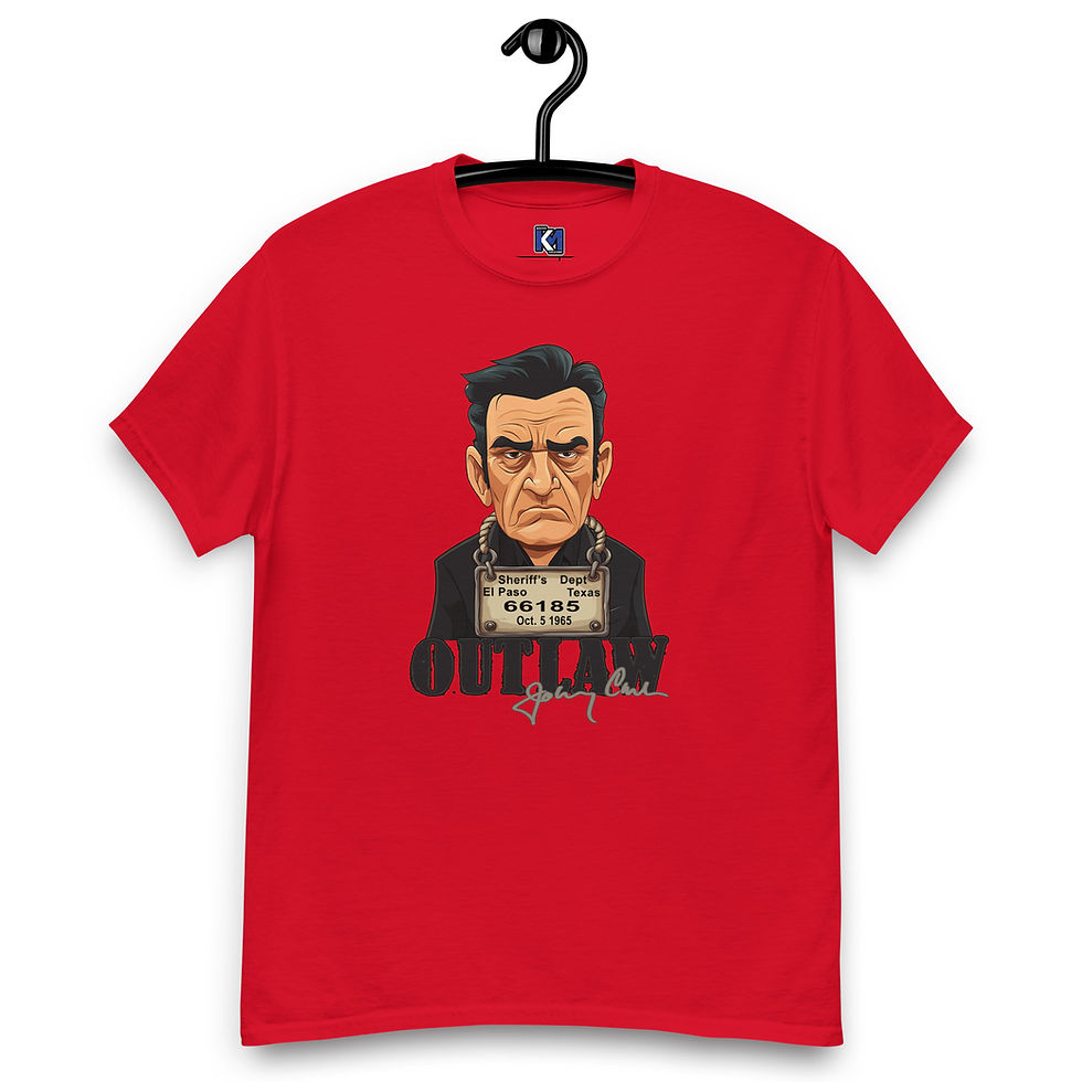 Detailed front view of the Johnny Cash Mug Shot Cartoon Styled Shirt showcasing the iconic cartoon illustration.