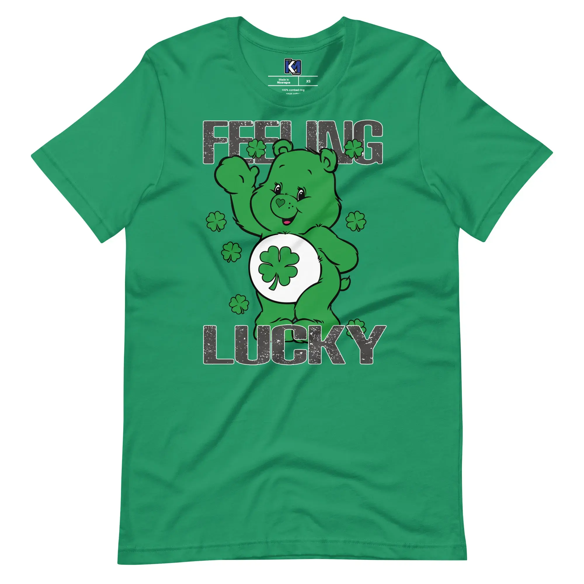 A front view of the "Feeling Lucky" St. Patrick's Day t-shirt, featuring a green bear with a shamrock belly and four-leaf clo